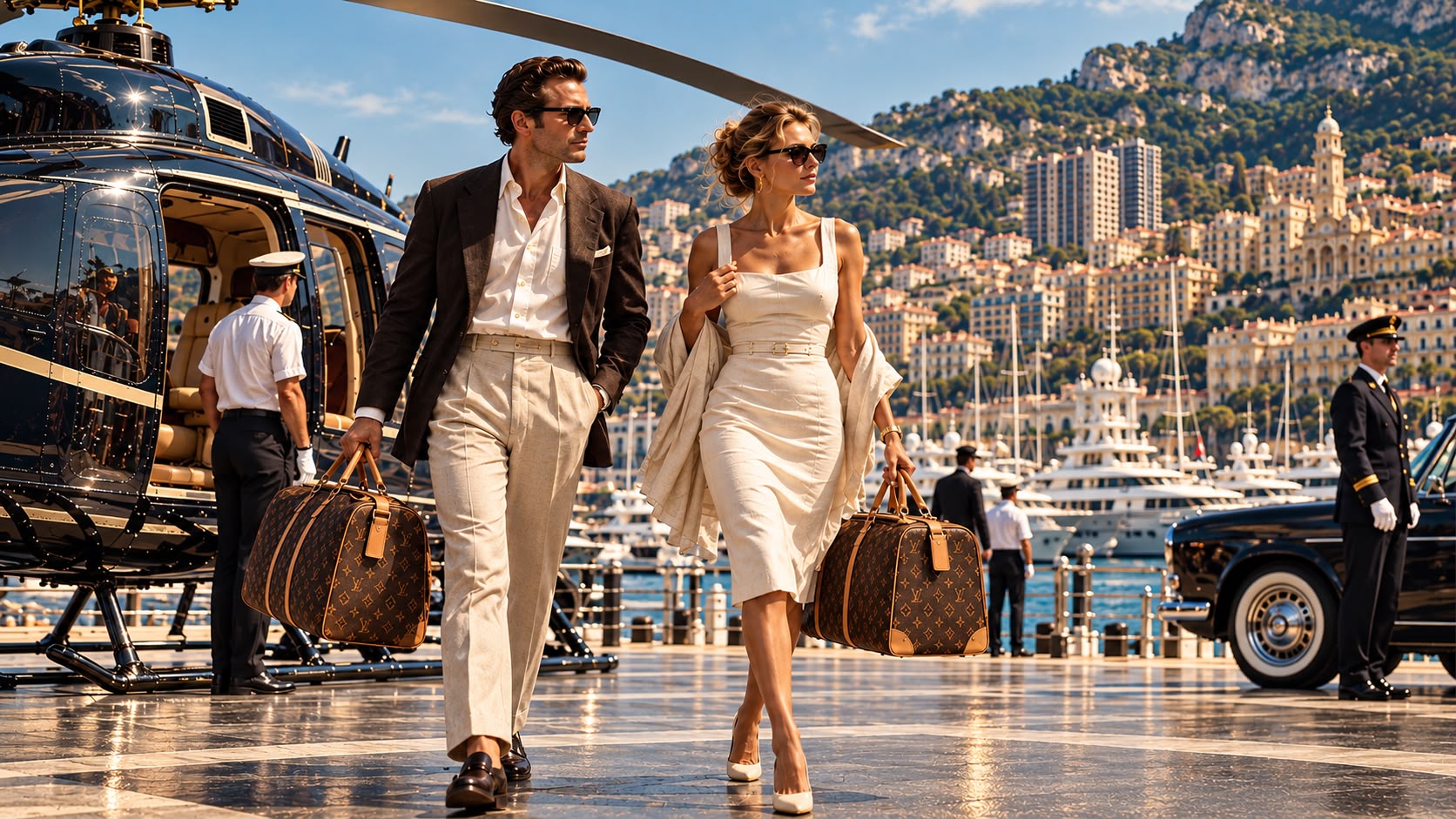 A couple arriving by helicopter above a Mediterranean marina of superyachts